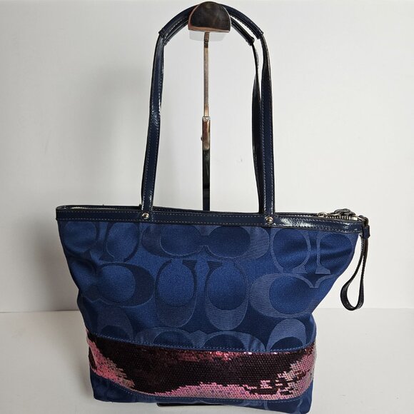 Coach Signature Tote Handbag J1120-F17574 Satin Pink Sequin Band Medium Blue Bag - Picture 1 of 16